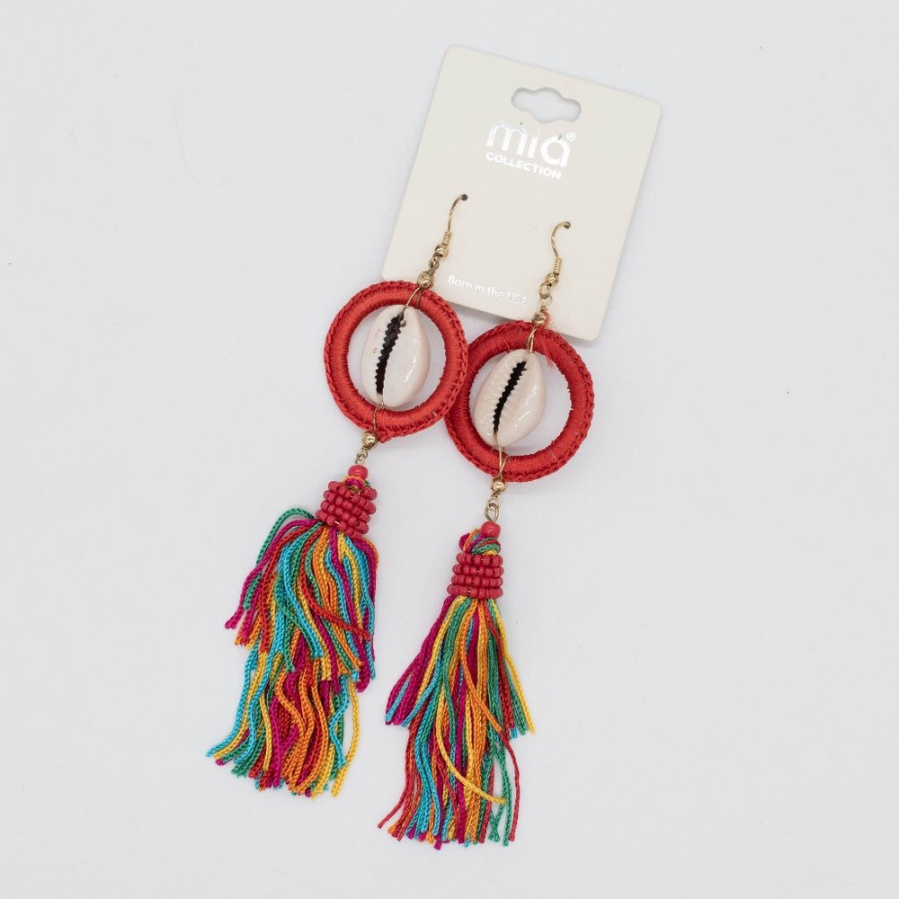 Mia Collection Gold Tone‎ Red Tassel Dangle Fringe Hook Multi-Colored Earrings